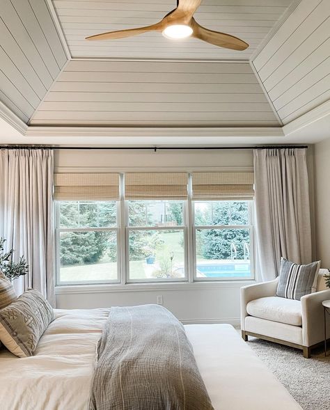 The coolest elevated tray ceiling! One of my favorite bedroom projects from a while back. This was a normal tall tray ceiling that Jeff… | Instagram Tray Ceiling Accent Color, Tray Ceiling Remodel, Raised Bedroom Ceiling, Trayed Ceiling Ideas Bedroom, Tray Ceiling With Shiplap, Tray Ceiling Wood Planks, Vaulted Tray Ceiling Bedroom, Primary Bedroom Tray Ceiling, Wood Ceiling In Bedroom