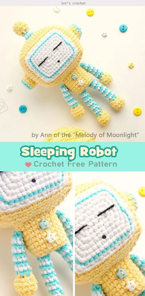 Sleeping Robot Free Crochet Pattern #freecrochetpatterns  #crochetamigurumi  #crochettoysforkids Crochet Boy Toys, Crochet Toys For Boys, Crochet Ideas For Boys, Crochet Gifts For Boys, Crochet Robot, Crochet Monster, Crochet Critters, Crochet Stuffies, Felt Monster