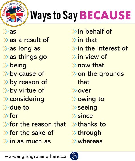 English Ways to Say BECAUSE, Synonym Words Because Essay Writing Skills, English Vocab, Business Writing, Good Vocabulary Words, Good Vocabulary, English Language Teaching, English Writing Skills, Words To Use, Learn English Vocabulary