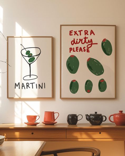 Set of 2 unique, original artworks (digital download) Extra Dirty Please & Martini. Perfect for adding some style and color to your kitchen, dinning room, living room, bar or anywhere in your home. So fun and colorful...bound to make you feel good 🌈 I make all of my original art work in my home in Melbourne, Australia. I hope they bring you joy.  Just a little reminder that this is an INSTANT DOWNLOAD, so you can enjoy it right away☺︎No printing is included and no physical item will be shipped. Bar Cart Art, Dirty Martini, Bar Cart Decor, Kitchen Prints, Retro Kitchen, Martini, Etsy Printables, Halloween Shopping, Printed Items