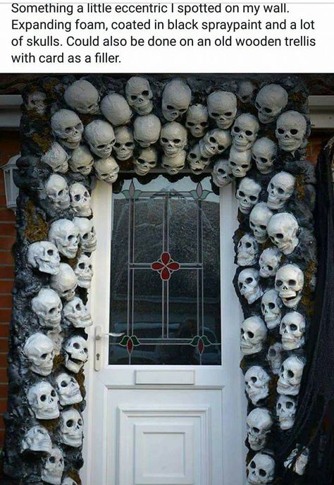 Skull Door Greeter/ Crypt Front Door Holoween Idea Decorations, Halloween Warehouse Decorations, Skull Door Decoration, Creepy Door Decorations, Halloween Decor Creepy, Halloween Decorations Gothic, Small Skeleton Decorating Ideas, Jeepers Creepers Halloween Decorations, Halloween Door Decorations Scary