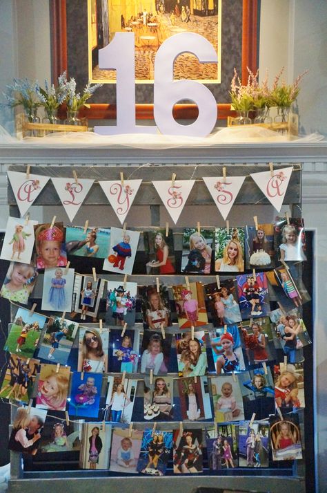 Sweet 16 Photo Wall, Sixteen Birthday Party Ideas, Sweet 16 Pictures, Pictures On String, Sweet 16 Photos, Sweet Sixteen Birthday Party Ideas, Birthday 16, Memory Pictures, Picture Boards