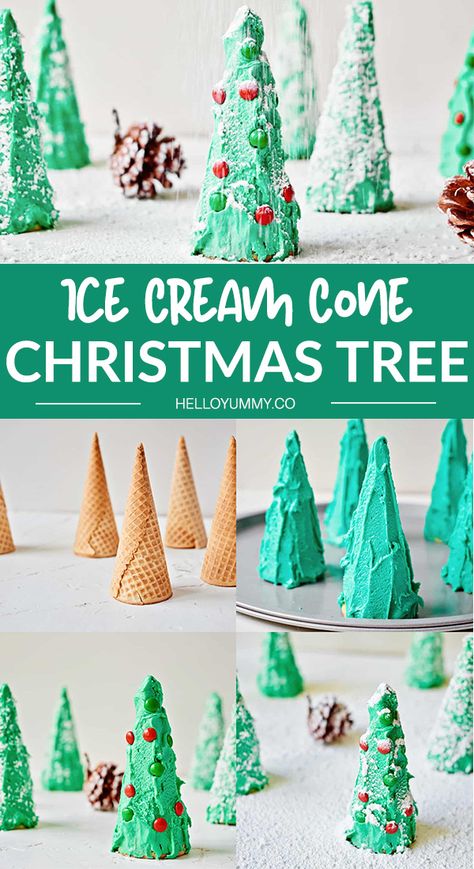 These Ice Cream Cone Christmas Trees. Cute and easy Christmas dessert for the kids to decorate #helloyummy Decorating Ice Cream Cones For Christmas, Ice Cream Cone Christmas Tree Decorating, Ice Cream Cone Trees Christmas Diy, Christmas Tree Treats For Kids, Ice Cream Cone Trees Christmas, Christmas Tree Snacks For Kids, Ice Cream Cone Christmas Trees For Kids, Christmas Tree Ice Cream Cones, Waffle Cone Christmas Tree