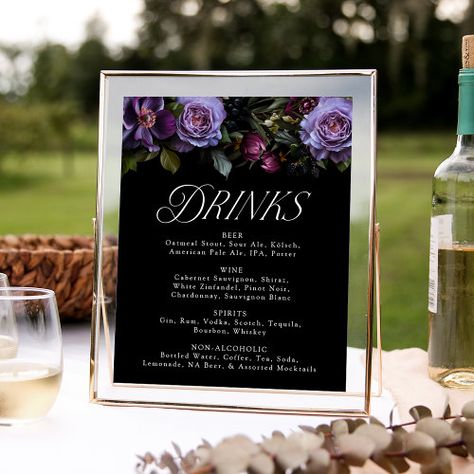 $11.00 | Moody Gothic Purple Floral Wedding Drink Menu Sign #purple floral wedding drink menu, fall wedding drink menu sign, modern typography, botanical, calligraphy, elegant wedding reception sign, halloween wedding, purple and burgundy floral, black wedding, typography Wedding Drink Menu Sign, Moody Purple, Gothic Wedding Theme, Purple And Burgundy, Purple Floral Wedding, Wedding Drink Menu, Elegant Floral Wedding, White Zinfandel, Gothic Floral