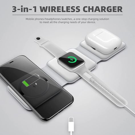 3 in 1 charger pad Charge your iPhone, Apple Watch, and AirPods all at once with this versatile 3-in-1 wireless charger! It offers 15W fast charging for various devices, features an adjustable design for convenient viewing, and is Qi-certified for safety. Enjoy hassle-free charging through cases up to 5mm thick—perfect for decluttering your space! #uaelife #UAEShopping #UAEGadgets #DubaiTech #AbuDhabi #UAEWirelessCharger #TechInUAE #GadgetsUAE #SmartHomeUAE#WirelessCharger #3in1Charger #Fast... Apple Watch And Airpods, Phone Apple, Apple Watch Iphone, Watch Charger, Charging Pad, Wireless Charging Pad, Usb Drive, Phone Charging, Mobile Phone Holder