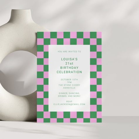 Checkerboard Pink Green Geometric 21st Birthday Invitation #Invitation #card #template #design #pinterestquotes #pinterestideas #pinterestmom #pinterestwedding #aesthetic #love #art #pinterestsuccess 21st Birthday Invite, Unique Cakes Designs, 77th Birthday, Creative Party Ideas, 21st Birthday Party, 21st Birthday Invitations, Colorful Aesthetic, Birthday Party 21, Checkerboard Pattern