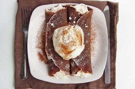 Gingerbread Crepes with Eggnog Whipped Cream Gingerbread Crepes, Eggnog Whipped Cream, Whipped Cream Desserts, Crepes Filling, Chocolate Pancakes, Indulgent Food, Holiday Breakfast, Cream Desserts, Christmas Breakfast