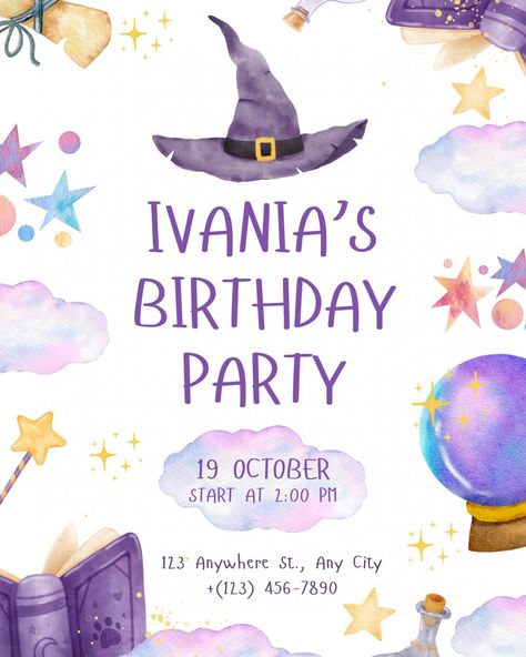 Cute Magical Witch Birthday Evite! #Vfccreativedesigns #DigitalInvitations #InvitationDesign #Cutedesigns #Partyevites #birthdayevites #babyshowerevites #weddingevites #bridalshower #partyevites Magical Invitation, Fantasy Birthday Invitation, Witch Invitations Free Printable, Magical Birthday Invitations, Magic Show Birthday Party Invitations, Magic Birthday, Magic Party, Office Depot, Purple Watercolor