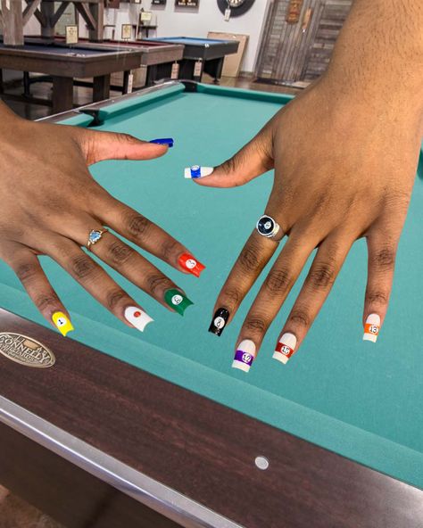 8 ball pool nail design Pool Ball Nail Designs, 8ball Acrylic Nails, Pool Balls Nails, 8ball Nail Design, 8 Ball Nails Short, Eight Ball Nails, Pool Ball Nails, Pool Ball, Vacation Nails