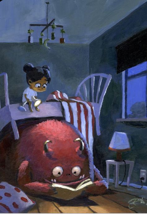 Monster Under The Bed, 동화 삽화, Art Et Illustration, Reading In Bed, Cute Monsters, Art And Illustration, E Card, 영감을 주는 캐릭터, Bedtime Stories