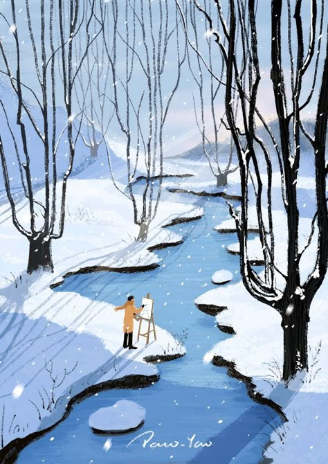 Winter Wonderland Illustration, Winter Landscape Illustration, Paco Yao, Lofi Animation, Gif Christmas, Illustration Gif, Winter River, River Painting, Winter Illustration