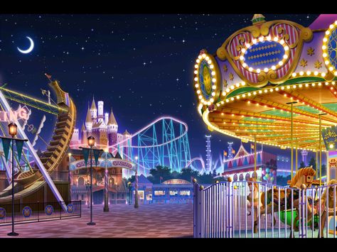 Amazing Park❤ Anime Amusement Park Background, Amusement Park Landscape, Anime Amusement Park, Fantasy Amusement Park, Amusement Park Background, Amusement Park Illustration, Gacha Life Backgrounds, Episode Interactive Backgrounds, Anime Places