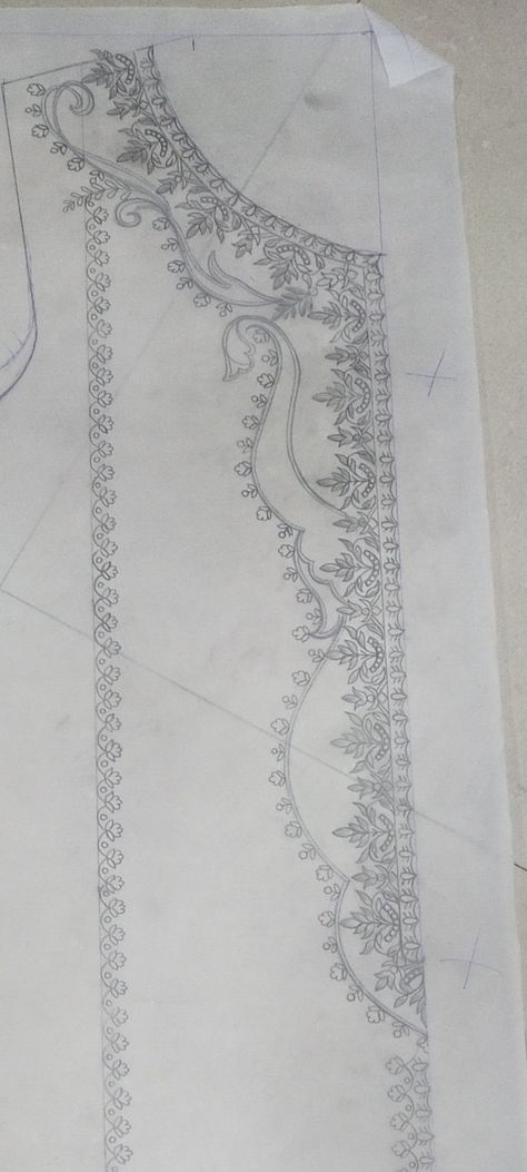 Neckline Embroidery Designs Sketch, Neckline Sketch, Khaka Designs Embroidery, Schiffli Borders, Embroidery Khaka, Khaka Designs, Drawing Elements, Flower Pattern Design Prints, Embroidery Sketch