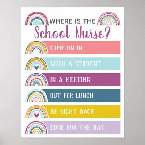 $15.60 | Where is School Nurse Office Door Sign Rainbow #boho, rainbow, cute, school, office door sign, trendy, whimsical, gift for school nurse, nurse office decor, where is the nurse School Nurse Office Door, School Nurse Door Sign, Nurse Door Sign, School Nurse Door, School Nurse Office Decorations, Nurse Office Decor, Office Door Sign, Nurse Organization, Bulletin Boards Theme