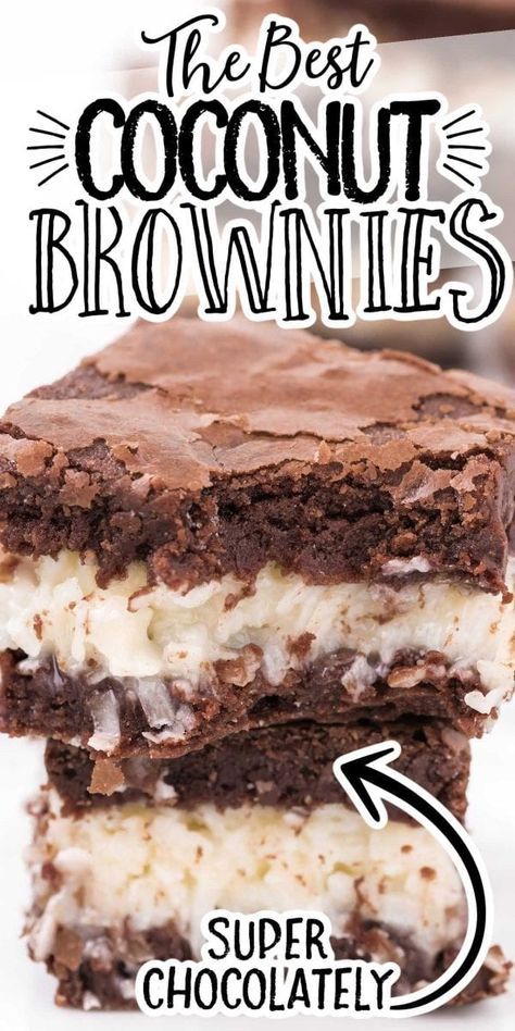 These Coconut Brownies are full of rich chocolatey decadence sandwiching a creamy layer of coconut filling, these moist bars will be worth indulging. Coconut Brownies, Chocolate Decadence, Dessert Squares, Coconut Filling, Brownies Recipe Homemade, Coconut Desserts, Chicken Healthy, Dessert Bar Recipe, Brownie Desserts