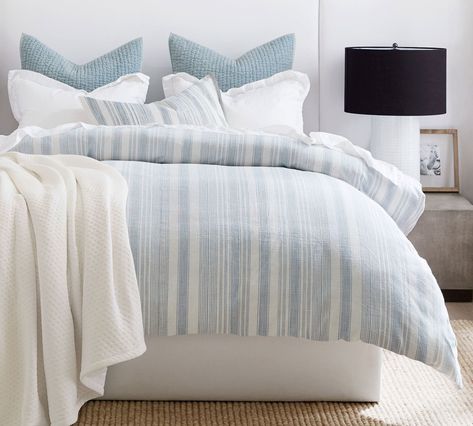 Hawthorn Striped Cotton Duvet Cover | Pottery Barn Duvet Cover King, Bronze Art, Striped Duvet, Striped Duvet Covers, Percale Sheets, Organic Cotton Duvet Cover, Quilted Sham, Blue Pottery, Cotton Duvet Cover