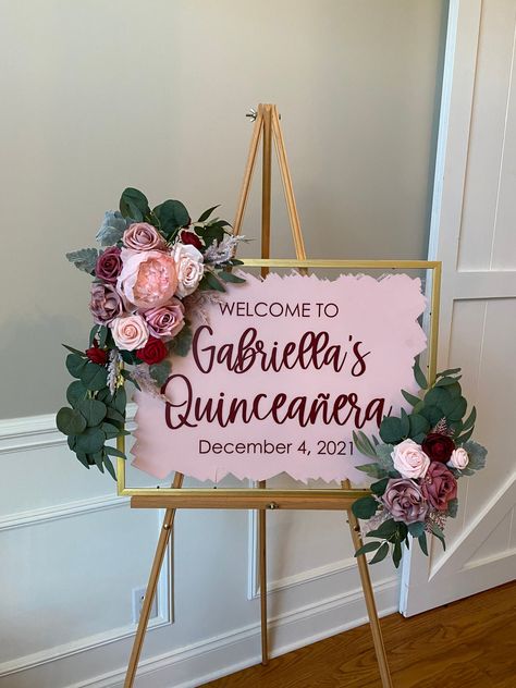 Quinceanera Sign, 15 Party Ideas Quinceanera, Gold Quinceanera Theme, Pink Quince Theme, Plexiglass Sign, Enchanted Forest Quinceanera Theme, Rose Gold Quince, Rose Gold Quinceanera, Quince Decor