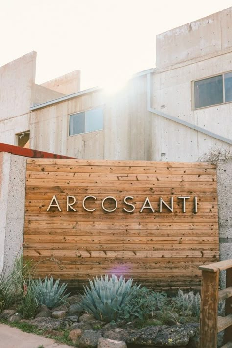 Arcosanti: One of the most unique places to stay in Arizona | Simply Wander #arcosanti #arizona #simplywander House Signage, Sign Design Outdoor, Signboard Design, Exterior Signage Design, California Garden Design, Rustic Signage, Monument Signage, Entrance Signage, Monument Signs