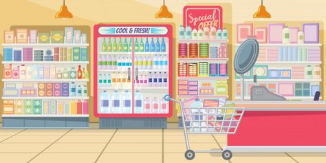 Supermarket with food shelves illustration Free Vector Shelves Illustration, Food Shelves, Food Shelf, Anime Places, 2160x3840 Wallpaper, Store Layout, Japon Illustration, Cartoon Background, Modern Shop