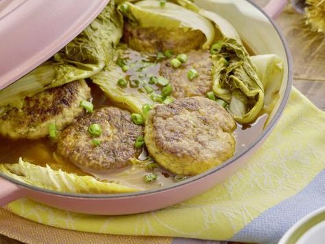 Ginger Chicken Meatballs on Soy-Braised Cabbage (Shih Tzu Tou) Ginger Chicken Meatballs, Girl Meets Farm Recipes, Chicken Hoisin Sauce, Girl Meets Farm, Group Recipes, Food Main Course, Farm Recipes, Braised Cabbage, Ginger Chicken