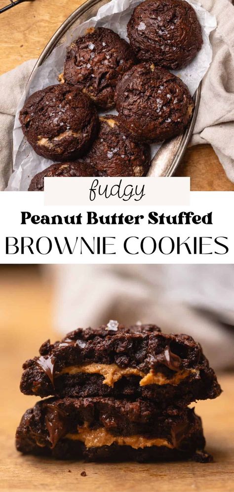 These peanut butter brownie cookies are ultra fudgy and filled with peanut butter. As they bake, the peanut butter ripples out, creating a beautiful marbled pattern inside! With cocoa powder and melted chocolate, these are the ultimate cookies for peanut butter and chocolate lovers alike! Brownie Cookies With Peanut Butter, Peanut Butter Stuffed Brookies, Chocolate Peanut Butter Whoopie Pies, Peanut Butter Cup Cookies Recipe, Stuffed Brownie Cookies, Chocolate Pb Cookies, Brownie Peanut Butter Cookies, Chocolate And Peanut Butter Cookies, Peanut Butter Oreo Cookies