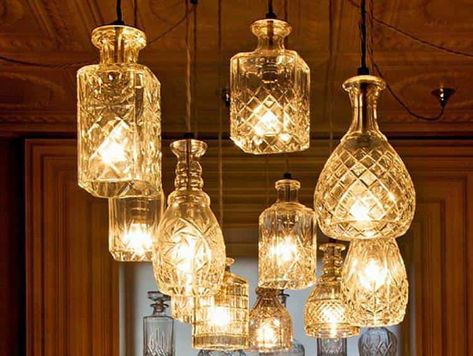 Decanter Lights, Recycling Bottles, Diy Luminaire, Industrial Inspiration, Diy Lampe, Lights Hanging, Vintage Decanter, Crystal Decanter, Bottle Lights