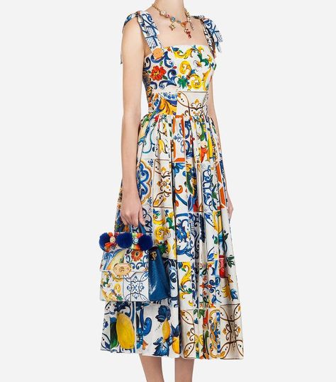 Bright Maxi Dress, Long Cotton Dress, Majolica Print, Capri Outfits, Affordable Jeans, Cotton Long Dress, Italy Outfits, Dolce Gabbana Dress, Print Jumpsuit