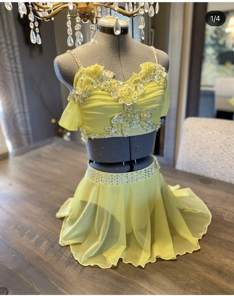 Yellow Contemporary Dance Costume, Yellow Lyrical Costume, Yellow Dance Costume Lyrical, Yellow Lyrical Dance Costumes, Dance Costumes Yellow, Yellow Dance Costume, Dwts Costumes, Lyrical Dance Costumes Dresses, Gymnastics Dress