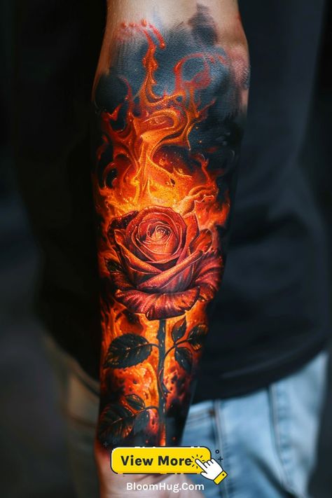 A sleeve tattoo of a red rose in flames, symbolizing passion, love, and transformation. Rose Tattoo For Men, Tattoo For Men Ideas, Tattoo Artistic, Fire Of Love, Rose Tattoos For Men, In Flames, Rose Tattoos, Sleeve Tattoo, Rose Tattoo