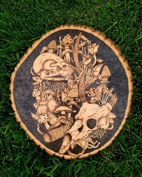 Abundance of Natiure. #woodburning #pyrography #art #skulls #mushrooms Types Of Bones, Pyrography Designs, Pyrography Tools, Pyrography Art, Diy Calendar, Bird Skull, A Deer, Stippling, Deer Antlers