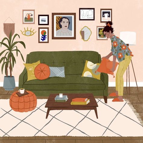 Living Room Illustration, Illustration Art Design, Living Room Warm, Interior Illustration, Ranch Style Homes, Illustration Character Design, Window Stickers, Book Illustration, Room Interior