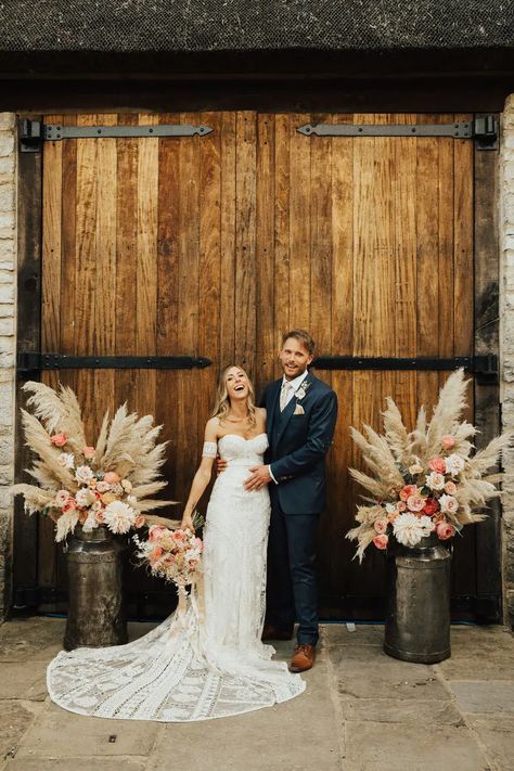 Tythe Barn Wedding With Boho Decor and Alpacas - Rock My Wedding Rustic Wedding Flower Arrangements, Pampas Grass Floral Arrangements, Grass Floral Arrangements, Officiating A Wedding, Wedding Minister, Boho Wedding Ceremony, Engagement Dinner, Wedding Aesthetics, Holy Matrimony