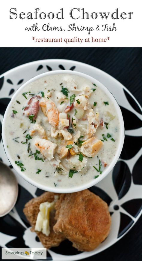 Seafood Chowder with Clams, Shrimp and Fish Recipe - restaurant quality at home! Cream based soup with a clean ocean flavor. Seafood Chowder Recipe, Soup Restaurant, Soup Seafood, Today Recipes, Best Broccoli Salad Recipe, Shrimp Chowder, Chowder Recipes Seafood, Sea Home, Fish Chowder