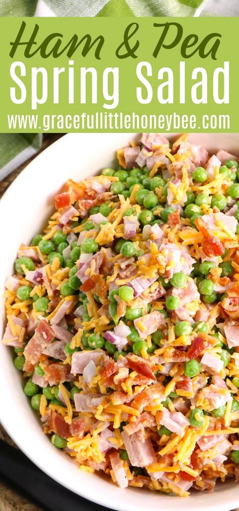 Try this delicious Ham and Pea Spring Salad for a quick and easy dinner or a side dish to take to any party. Find full recipe details at gracefullittlehoneybee.com #ham #pea #salad Spring Dinner Ideas, Green Pea Salad, Spring Dinners, Peas Recipes, Keto Side Dish, Ham Salad Recipes, Side Ideas, Pea Salad Recipes, Vacation Food