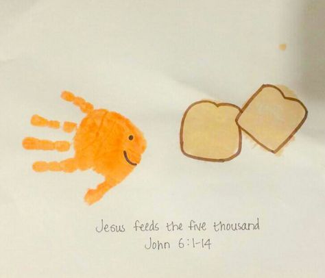 Jesus feeds the five thousand john 6:1-14 fish handprint bread palm print Feed 5000 Craft, Give Us This Day Our Daily Bread Craft, Feeding The Five Thousand Craft For Kids, 5 Loaves And 2 Fish Craft, 5 Fish And 2 Loaves Craft, Feeding 5000 Craft Sunday School, 2 Fishes And 5 Loaves Of Bread Craft, Jesus Feeds The 5000 Craft Preschool, Bread And Fish Bible Craft