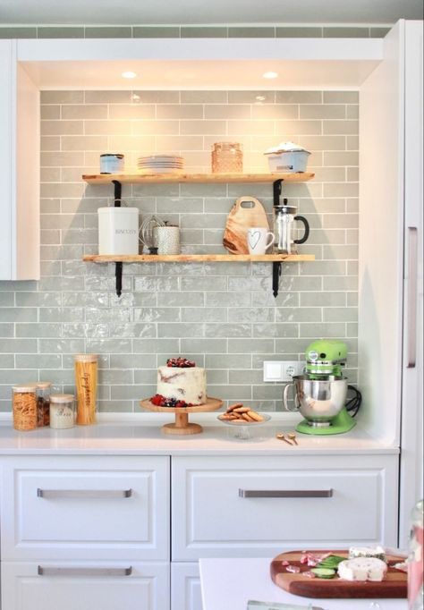 Pale Green Tiles Kitchen, Backsplash Kitchen Small Space, Sage Green Backsplash Kitchen With White Cabinets, White Kitchen Light Green Backsplash, Green Kitchen Tiles Backsplash Farmhouse, Green Splash Back Kitchen, Light Green Subway Tile Kitchen, White Kitchen With Sage Accents, Sage Kitchen Splashback