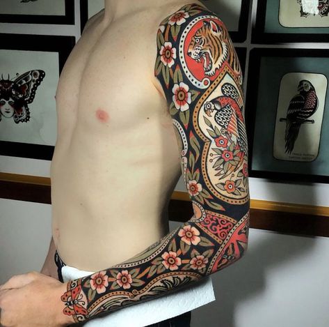 Framed Sleeve Tattoo, Full Traditional Sleeve, Framed Traditional Tattoo Sleeve, Framed Traditional Tattoo, Traditional Tattoo Painting, Traditional Tattoo Arm, Mosaic Tattoo, Vintage Tattoo Sleeve, Arm Cover Up Tattoos