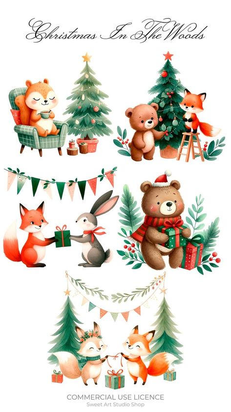 Christmas Woodland Animals Clipart, Christmas in the Woods Clipart, Watercolor Animals Clipart, Cute Christmas Clipart, Fox Bear Bunny - Etsy UK Winter Woodland Animals Illustration, Christmas In The Woods, Christmas Woodland Animals, Cute Christmas Clipart, Christmas Illustration Design, Woodland Clipart, Christmas Woodland, Christmas Card Illustration, Party Clipart