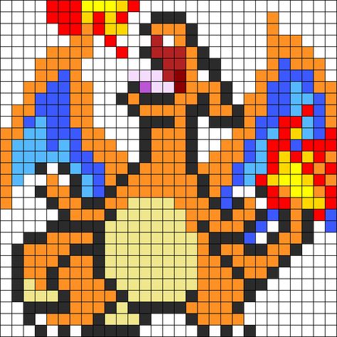 Charizard Perler Bead Pattern / Bead Sprite Perler Bead Charizard, Charizard Perler Bead Pattern, Charizard Perler Beads, Pokémon Perler Beads, Cross Stitch Pokemon, Grille Pixel Art, Stitch Pokemon, Perler Bead Pokemon Patterns, Hama Beads Pokemon