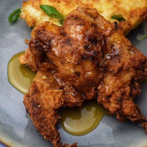 Fried Quail Recipes, Grit Cakes, Quail Recipes, Fried Quail, Cornish Hen Recipe, Jalapeno Cheddar, Hot Honey, Grits, Food Items