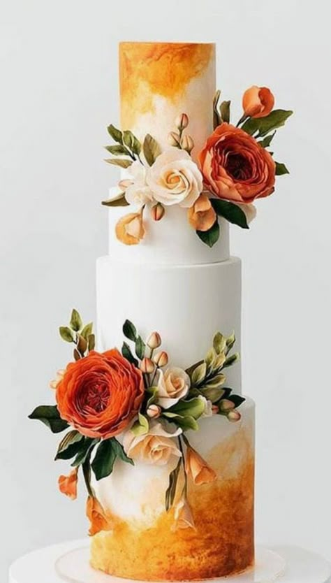 Wedding Cake Designs Orange, Orange Wedding Cake Designs, Winery Cake Ideas, Unique Wedding Cake Designs, Garden Theme Wedding Cake, Four Tier Wedding Cakes, Orange Wedding Cake Ideas, Orange Color Cake Birthday, Orange Theme Cake