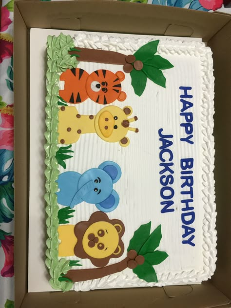 Animals cake! Square Jungle Cake, Jungle Birthday Cake Simple, Simple Jungle Theme Cake Without Fondant, Animal Sheet Cake, Safari Sheet Cake, Simple Jungle Theme Cake, Zoo Birthday Cake, Boy Birthday Cake Ideas, 2nd Birthday Cake Boy