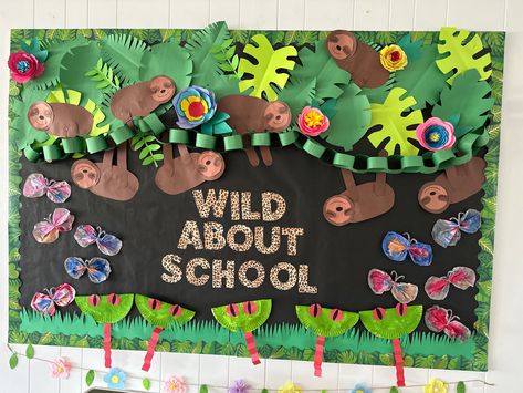 Jungle Bulletin Boards Preschool, Rainforest Bulletin Board Ideas, Wild About Learning Bulletin Board, Zoo Bulletin Board Ideas Preschool, Jungle Theme Bulletin Boards, Jungle Bulletin Board Ideas, Animal Bulletin Board Ideas, Rainforest Classroom Theme, Rainforest Bulletin Board