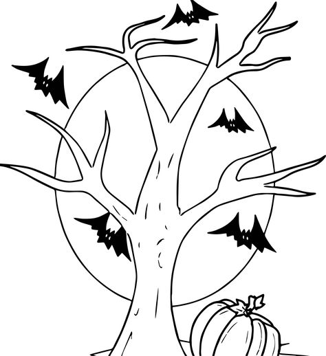 Diy Halloween Tree, Bat Cartoon, Cartoon Halloween, Spooky Trees, Tree Templates, Pumpkin Coloring Pages, Tree Coloring Page, Decorating Cookies, Halloween Tree