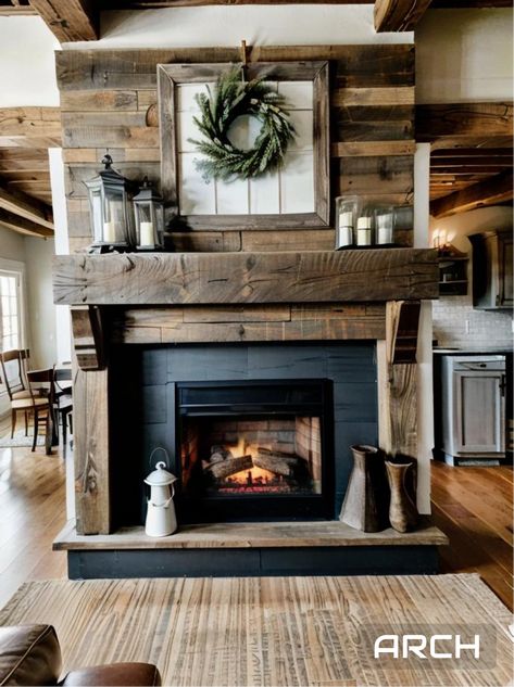 Rustic Fireplace Surround Ideas, Rustic Fireplace With Tv Above, Creek Rock Fireplace, Wood Framed Fireplace, Barnboard Fireplace, Fire Places Ideas Living Room Modern, Farmhouse Faux Fireplace, Open Fireplace Ideas, Distressed Wood Fireplace