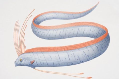 Illustrated side view of an Oarfish (Regalecus glesne), a long ribbon-like, silvery coloured, deep sea fish with a deep red dorsal fin running the whole length of its body and long rays forming a crest over its head. Deep Sea Fish, Zee News, Deep Sea Fishing, Fish Painting, Sea Fish, Photo Puzzle, Deep Sea, Colour Images, Side View