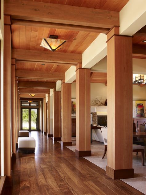 Possible wood column design if ceiling is to have beams in lieu of cofered ceiling. Wood color to be determined. (4) Columns Interior, Walnut Hardwood Flooring, Contemporary Hallway, Wood Floor Finishes, Wood Floor Design, Wooden Columns, Interior Columns, Wood Columns, Walnut Floors