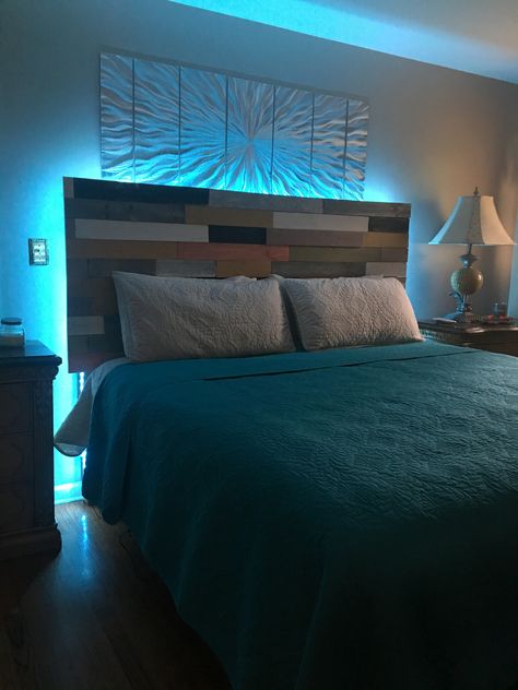 DIY headboard. Wood pallets / wood stain / Led lighting. A beautiful handmade gift from my husband. Bed With Led Lights Headboards, Led Lights Headboard, Led Headboard, Boy Headboard, Bed Headboard Ideas, Pallet Bed Frame Diy, Pallet Wood Headboard, Pallet Headboard Diy, Diy Headboard Wooden