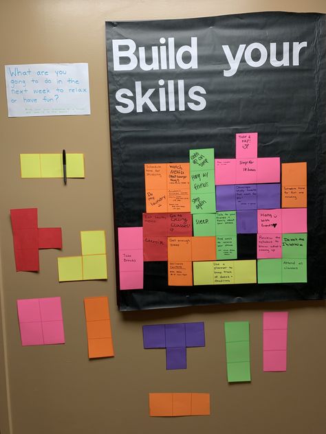 Work Board Ideas Offices, Office Board Ideas Workspaces, Club Bulletin Board Ideas College, Tetris Classroom Theme, Resume Bulletin Board, Information Bulletin Board Ideas Office, Tetris Bulletin Board, Paper Messages Ideas, Interactive Ra Boards