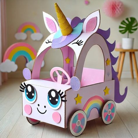 Cardboard Unicorn Diy, Cardboard Unicorn, Easy Cardboard Box Car, Unicorn Cardboard Box Car, Disney Cars Cardboard Box Car, Kids Nature Activities, Unicorn Car, Cardboard Car, Christmas Car